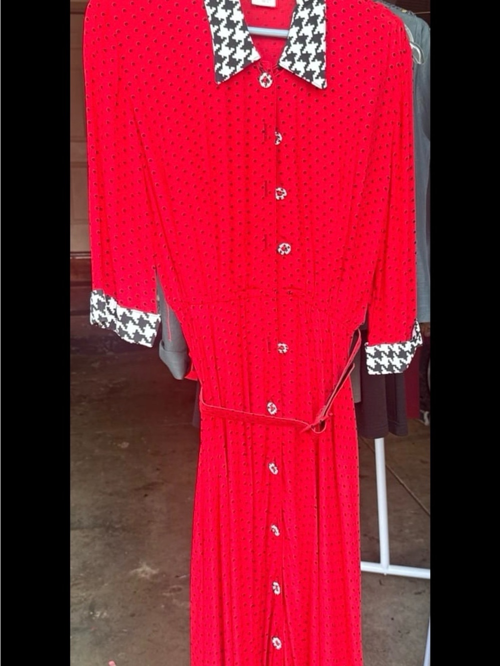 Carole Little Red Long-Sleeve Button-Front Dress with Houndstooth Trim